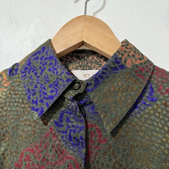 VTG St Johns Artsy Silk Button Blouse Size 6 Green Old Money 90s Abstract Print - Picture 4 of 7